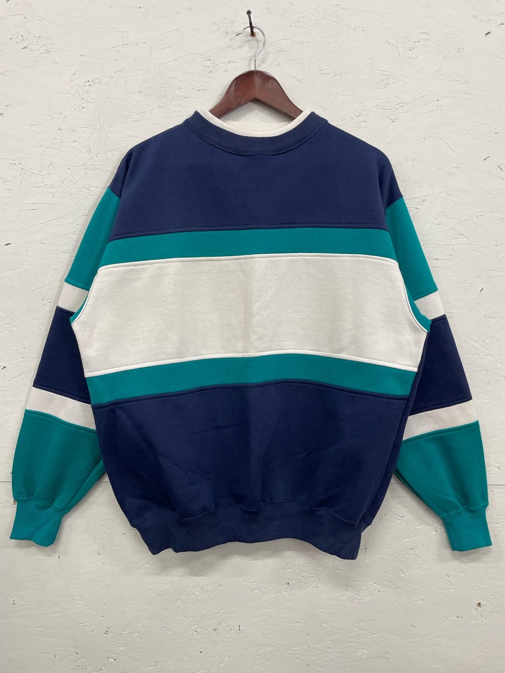 Vintage 1990s Halifax Colour-Block Striped Sweatshirt, Size L, Blue/White/Teal